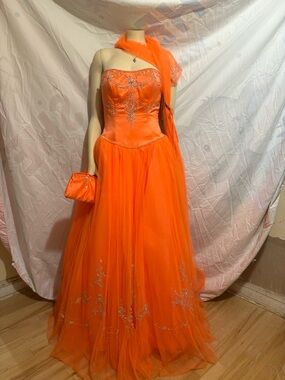 Strapless Orange Embellished Evening Gown